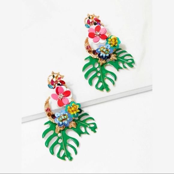 ZARA Gold & Multi Bright Tropical Floral Palm Leaf Dangle Statement Earrings - Picture 8 of 16